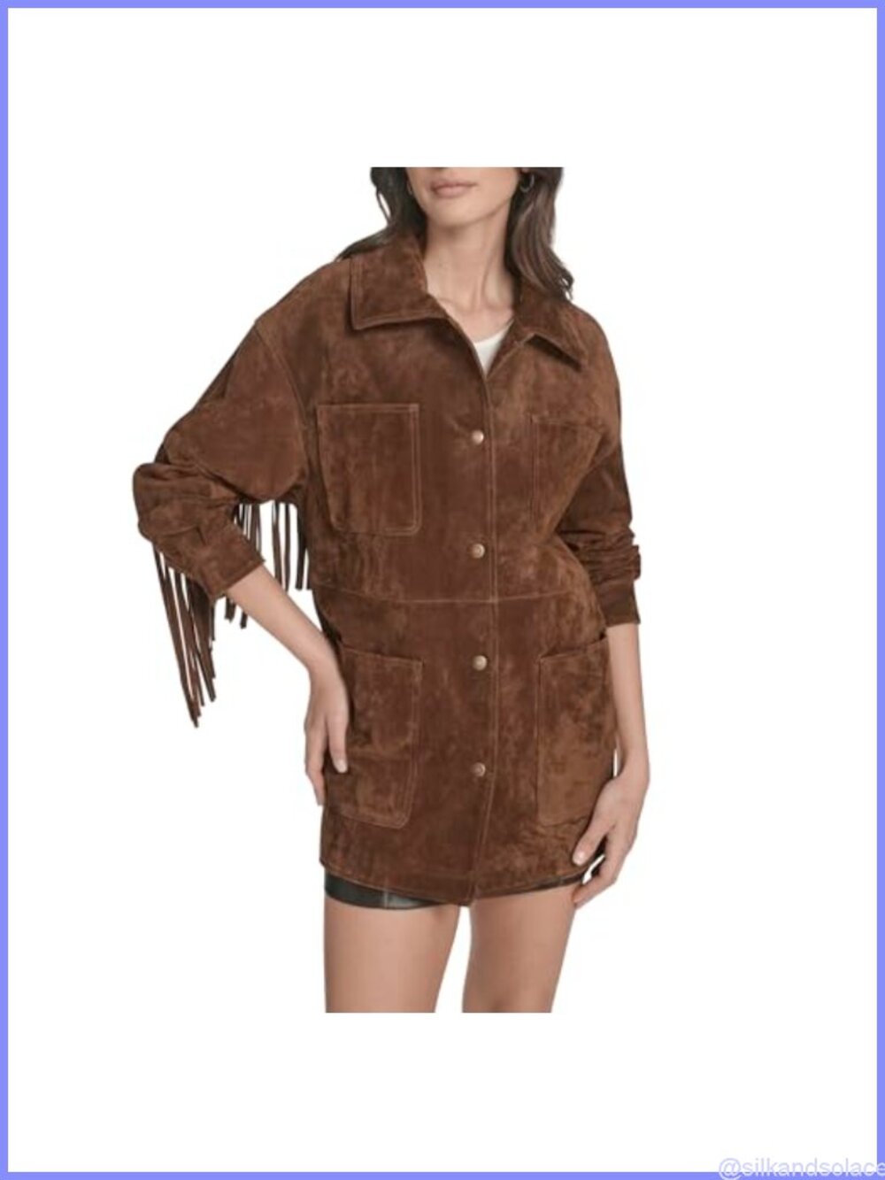 Womens Faux Suede 4-Pocket Fringe Chore Coat Snap Front Western